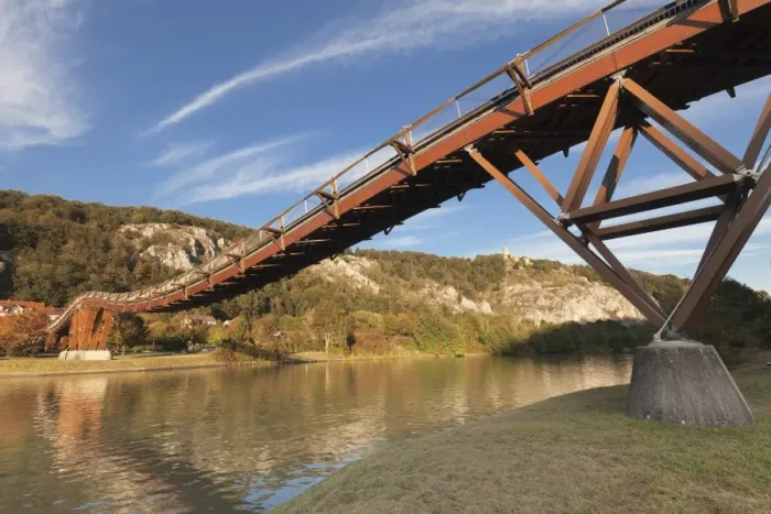 Framed Print : Wooden bridgeTatzelwurm, Main-Donau-Kanal canal, Essing, nature park, Altmuehltal Valley Framed Print : Wooden bridgeTatzelwurm, Main-Donau-Kanal canal, Essing, nature park, Altmuehltal Valley