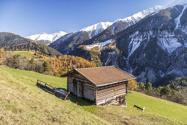 Wooden cabin surrounded by colorful woods and snowy peaks, Schmitten, Albula District