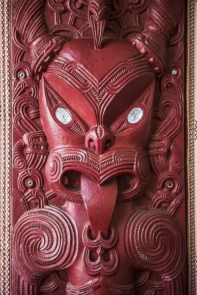 Wooden carving at a Maori Meeting House, Waitangi Treaty Grounds, Bay of Islands