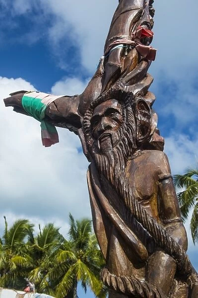Wooden carvings on the Monument des Dix-Neuf (Monument of 19), Ouvea, Loyalty Islands