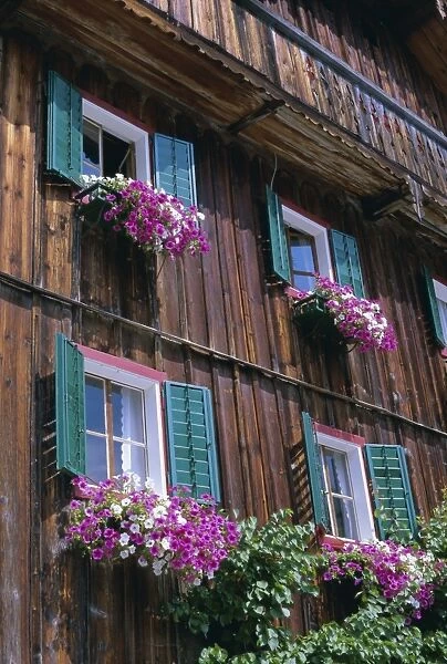 Wooden chalet with flowers, Hallstatt, Austria, Europe