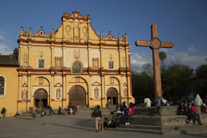 Framed Print : Wooden cross in front of the Cathedral of San Cristobal, founded in 1528, San Cristobal de las Casas, Chiapas, Mexico, North America Framed Print : Wooden cross in front of the Cathedral of San Cristobal, founded in 1528, San Cristobal de las Casas, Chiapas, Mexico, North America