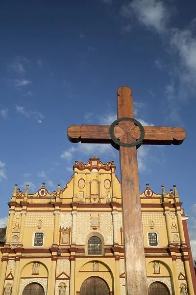 Wooden cross in front of the Cathedral of San Cristobal, founded in 1528, San Cristobal de las Casas, Chiapas, Mexico, North America
