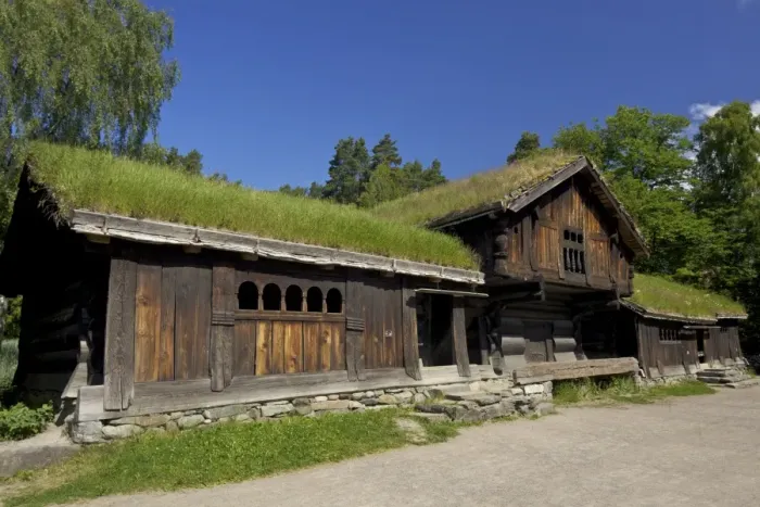 Framed Print : Wooden farm buildings, Norsk Folkemuseum (Folk Museum), in summer sunshine Framed Print : Wooden farm buildings, Norsk Folkemuseum (Folk Museum), in summer sunshine