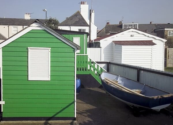 Wooden fishermens huts on the seafront, Whitstable, Kent, England