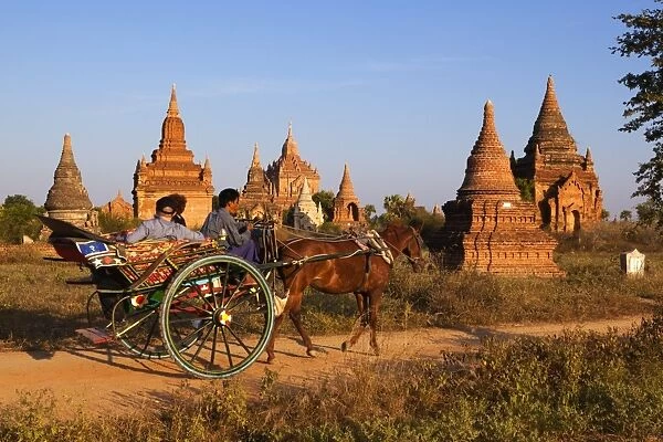 Wooden horse cart taking tourists around Bagan temples, Bagan (Pagan), Central Myanmar, Myanmar (Burma), Asia