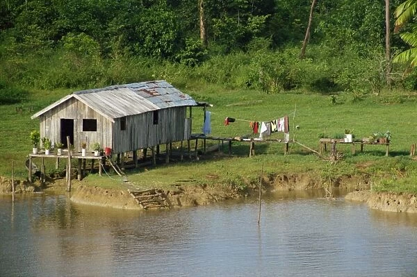A wooden house with plants and a garden in the Breves Narrows in the Amazon area of Brazil