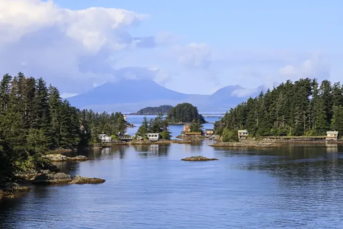 Framed Print : Wooden houses on small forested islands, clearing morning mists, Sitka Sound, Sitka Framed Print : Wooden houses on small forested islands, clearing morning mists, Sitka Sound, Sitka