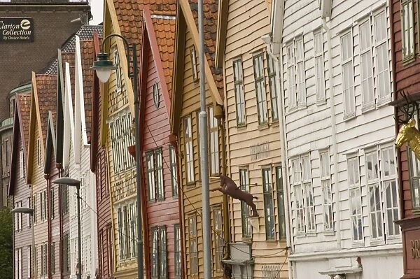 Wooden merchants buildings on the quayside of the Bryggen area, UNESCO World Heritage Site