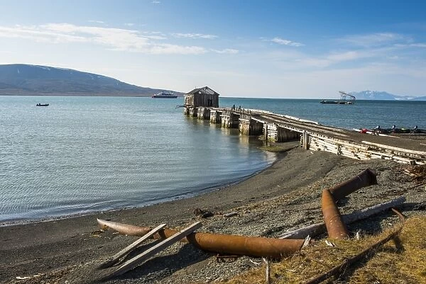 Wooden pier of the old Russian coalmine in Colesbukta, Svalbard, Arctic, Norway, Scandinavia, Europe