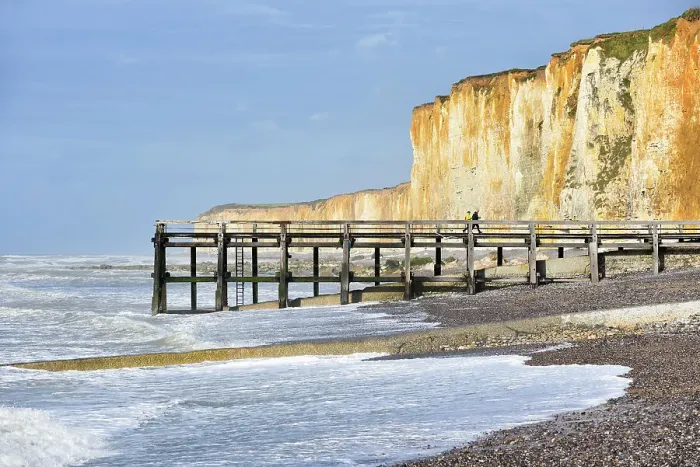 Framed Print : Wooden pier, Veules-les-Roses, Vaucottes hanging valley, Seine-Maritime department, Normandy region, France, Europe Framed Print : Wooden pier, Veules-les-Roses, Vaucottes hanging valley, Seine-Maritime department, Normandy region, France, Europe
