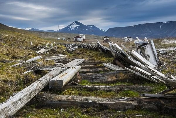 Wooden train tracks in the abandonend Russian coalmine, Colesbukta, Svalbard, Arctic, Norway, Scandinavia, Europe