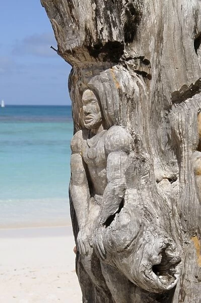 Wooden tree sculpture, Long Bay, Antigua, Leeward Islands, West Indies, Caribbean, Central America