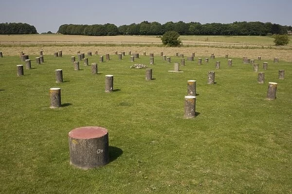 Woodhenge, concrete posts now stand where wooden posts did, Amesbury, Wiltshire, England, United Kingdom, Europe