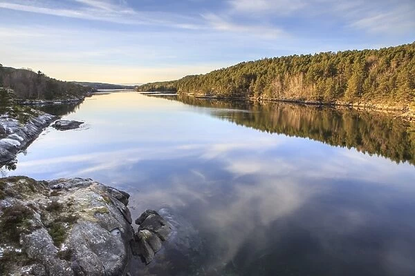 Woods reflected in the calm waters, Hitra Island, Trondelag, Norway, Scandinavia, Europe