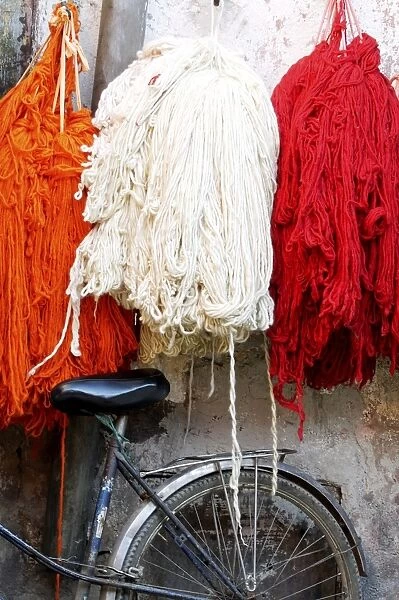 Wool skeins in the dyers souk, Marrakesh, Morocco, North Africa, Africa