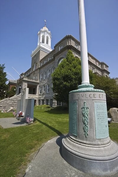 World War I and World War II on left, memorials outside the City Hall on Broadway in historic Newport, Rhode Island, New England, United States of America