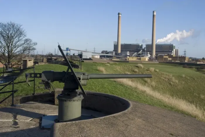 Framed Print : World War II gun with power station behind, at Tilbury Fort, used from the 16th to the 20th century Framed Print : World War II gun with power station behind, at Tilbury Fort, used from the 16th to the 20th century