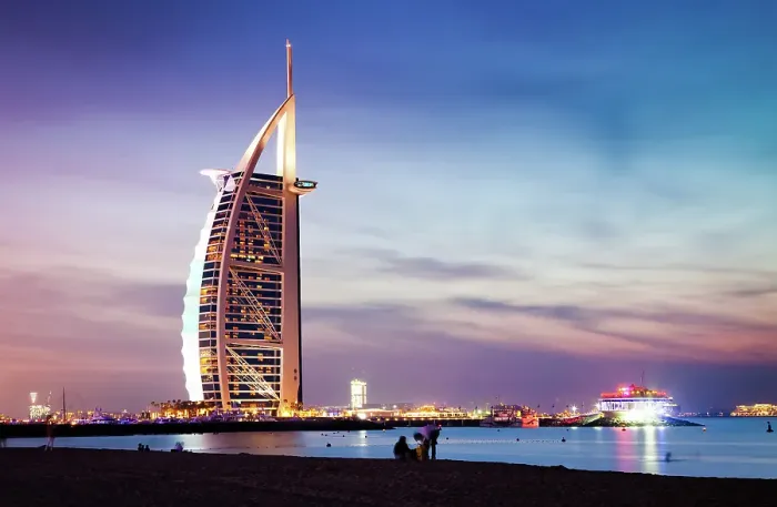 Framed Print : The world's first seven stars luxury hotel Burj Al Arab at night seen from Jumeirah public beach in Dubai, United Arab Emirates Framed Print : The world's first seven stars luxury hotel Burj Al Arab at night seen from Jumeirah public beach in Dubai, United Arab Emirates