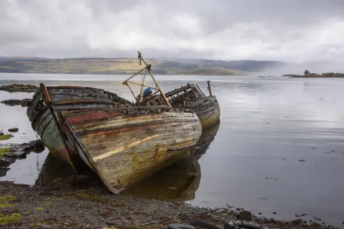 Framed Print : Wrecks of fishing boats, near Salen, Isle of Mull, Inner Hebrides, Argyll and Bute Framed Print : Wrecks of fishing boats, near Salen, Isle of Mull, Inner Hebrides, Argyll and Bute