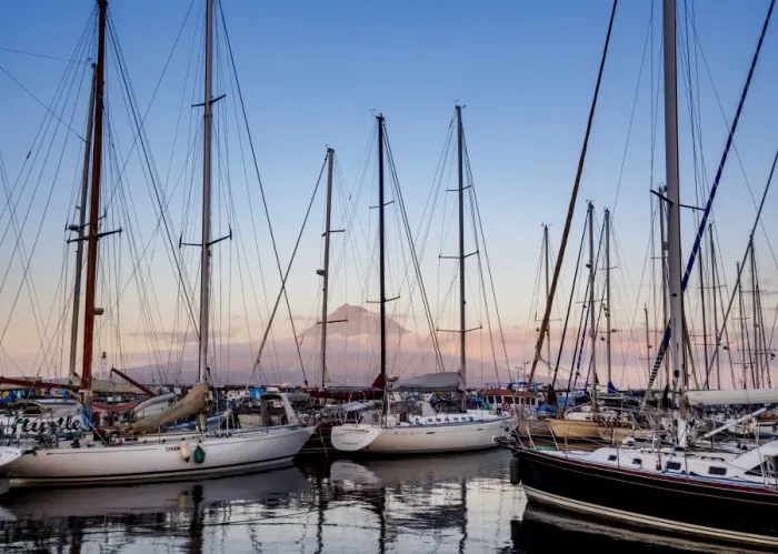 Framed Print : Yacht Harbour in Horta with Pico Mountain in the background, Faial Island, Azores