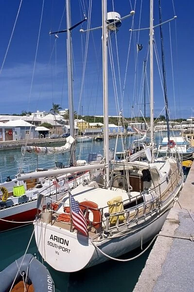Yacht moored in harbour, St. Georges, Bermuda, Atlantic Ocean, Central America