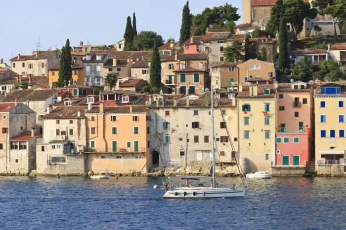 Framed Print : Yacht and Old Town from the sea on a summers early morning, Rovinj (Rovigno) peninsula, Istria, Croatia, Europe Framed Print : Yacht and Old Town from the sea on a summers early morning, Rovinj (Rovigno) peninsula, Istria, Croatia, Europe