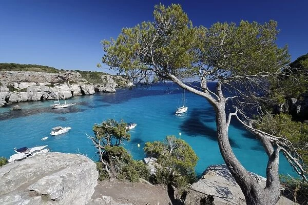 Yachts anchored in cove, Cala Macarella, near Cala Galdana, South West Coast, Menorca
