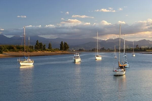 Yachts anchored in estuary, Mapua, Nelson region, South Island, New Zealand, Pacific