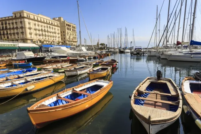 Framed Print : Yachts and colourful rowing boats in the marina Borgo Marinaro, Vesuvius in distance Framed Print : Yachts and colourful rowing boats in the marina Borgo Marinaro, Vesuvius in distance