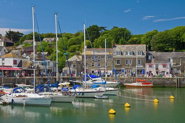 Yachts at high tide in Padstow harbour, Padstow, North Cornwall, England