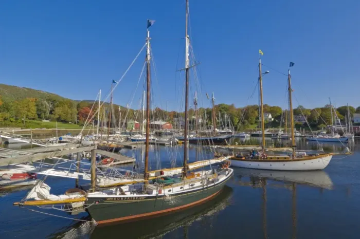 Framed Print : Yachts moored in Camden Harbor, Maine, United States of America, North America Framed Print : Yachts moored in Camden Harbor, Maine, United States of America, North America