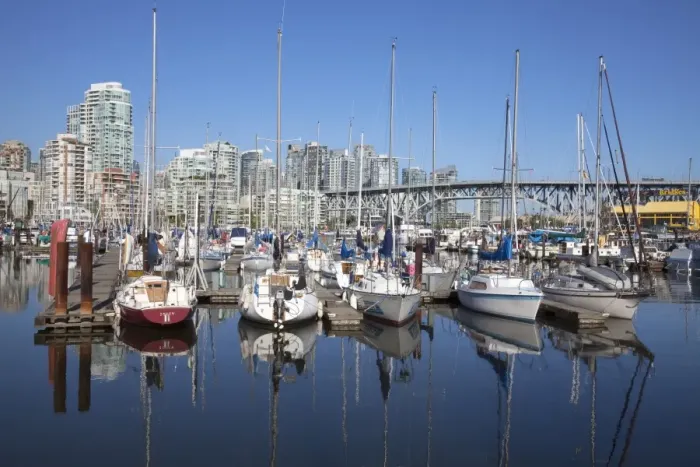 Framed Print : Yachts moored in False Creek at Granville Island with Granville Bridge Framed Print : Yachts moored in False Creek at Granville Island with Granville Bridge
