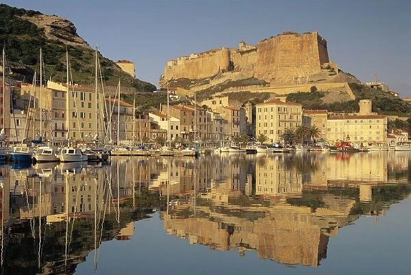 Yachts moored in the harbour, with the citadel behind, Bonifacio, Corsica