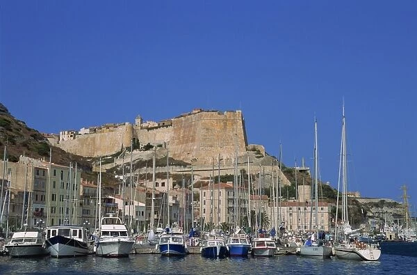Yachts moored in the harbour, with waterfront and the citadel behind, Bonifacio