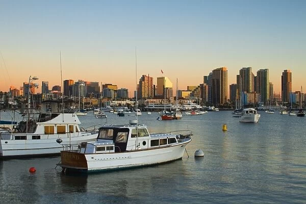 Yachts and San Diego skyline, California, United States of America, North America