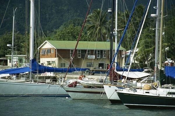 Yachts stern to quay, Avatiu Harbour, Rarotonga, Cook Islands, Pacific