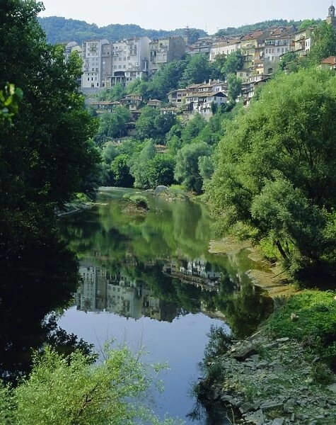 The Yantra River and Veliko Turnovo City behind on side of hill, Bulgaria