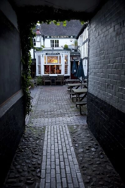 Back yard of Rose and Crown pub at dusk, Gloucester, Gloucestershire, England