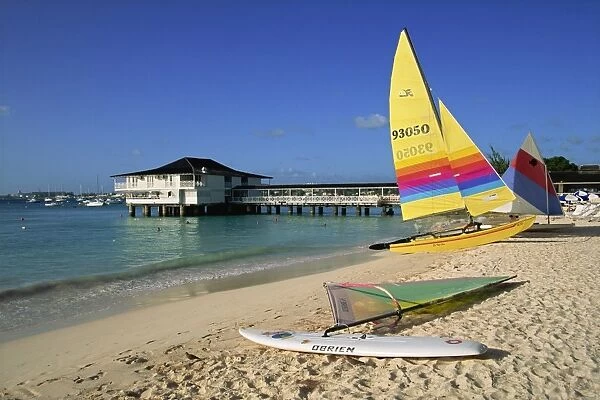Yellow boat, Pebble Beach, Barbados, West Indies, Caribbean, Central America