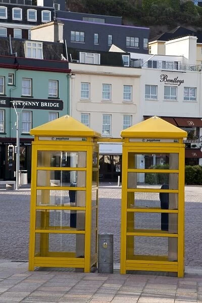 Yellow telephone boxes, St. Helier, Jersey, Channel Islands, United Kingdom, Europe