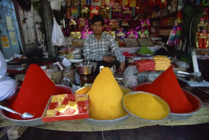 Framed Print : Yellow turmeric and red dye for sale, old town, Pune, Maharashtra state, India, Asia Framed Print : Yellow turmeric and red dye for sale, old town, Pune, Maharashtra state, India, Asia