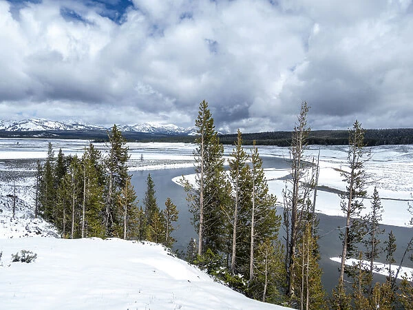 The Yellowstone River surrounded by snow-capped mountains, Yellowstone National Park