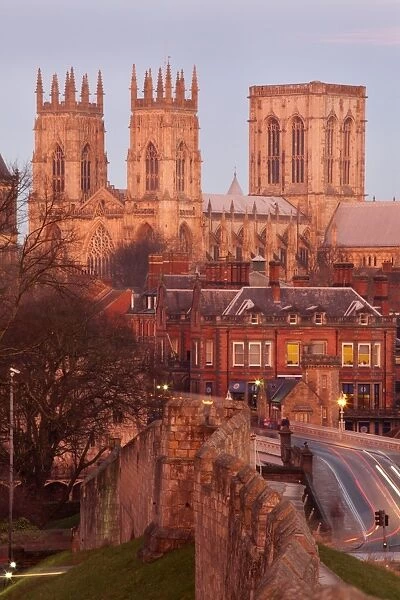 York Minster from the City Wall in twilight, York, Yorkshire, England, United Kingdom, Europe