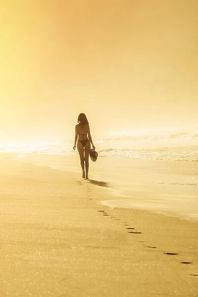 Young Brazilian (Latin American) (Latina) woman in golden dawn light on the beach in a bikini