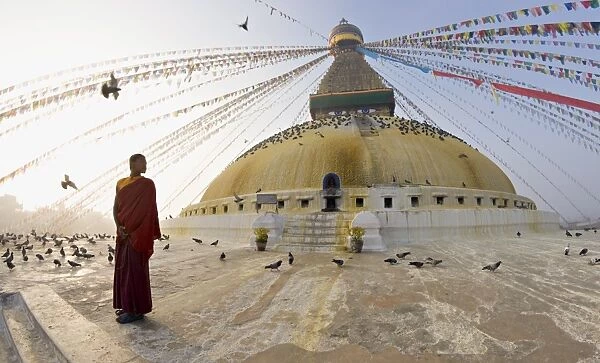 Young Buddhist monk turns to look at the dome of Boudha