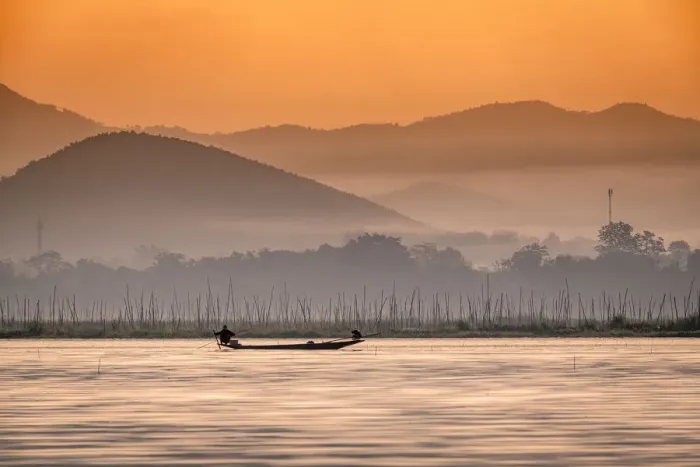 Framed Print : Young fisherman with net at sunrise, Inle Lake, Shan state, Myanmar (Burma), Asia
