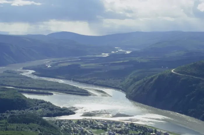 Framed Print : Yukon River with Dawson City in the foreground, and the Klondike River entering left Framed Print : Yukon River with Dawson City in the foreground, and the Klondike River entering left