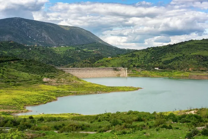 Framed Print : Zahara de la Sierra water reservoir dam with turquoise water and mountains in the background, Andalusia, Spain, Europe Framed Print : Zahara de la Sierra water reservoir dam with turquoise water and mountains in the background, Andalusia, Spain, Europe