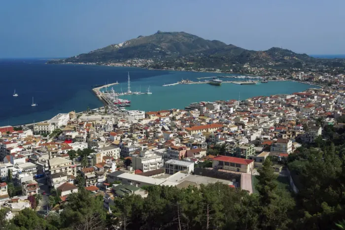 Framed Print : Zakynthos Town panorama with orange roof tiles low-rise buildings around the harbour, Zakynthos, Ionian Islands, Greek Islands, Greece, Europe